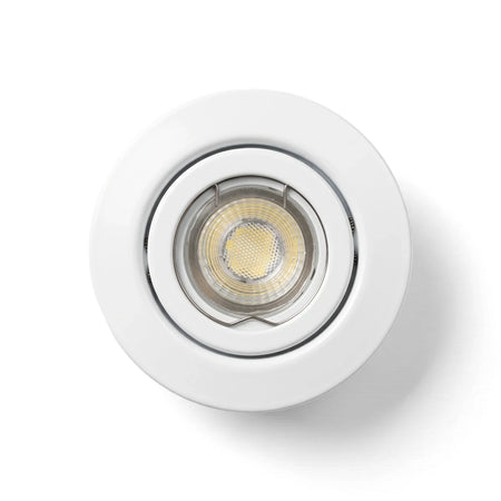 White circular fixed LED downlight with a metallic inner ring, viewed from directly above.
