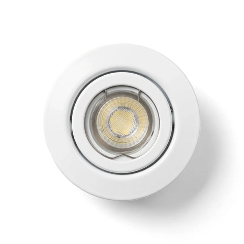 White circular fixed LED downlight with a metallic inner ring, viewed from directly above.