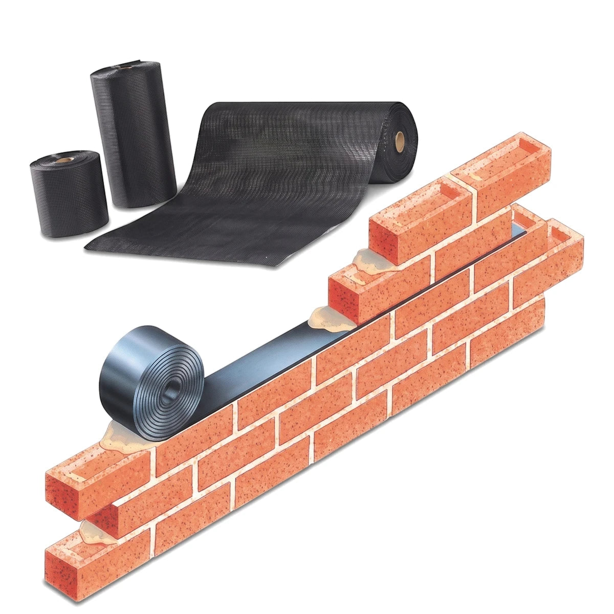 DPC SABS black waterproofing membrane roll for damp-proofing shown with brick wall construction illustration