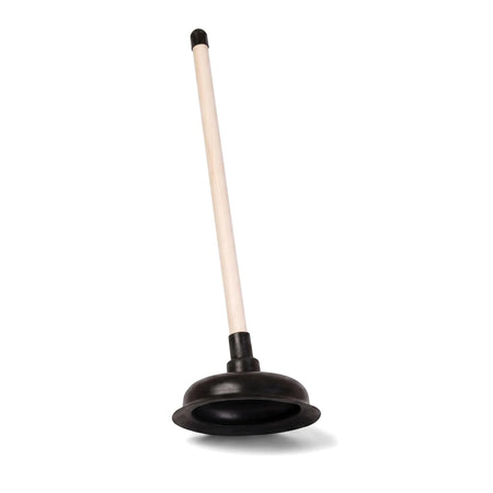 Black rubber drain force cup plunger with a light-colored handle, 150mm, shown upright in a studio setting.