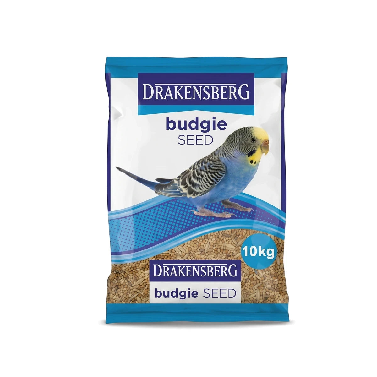 Drakensberg Budgie Seed, 10kg bag with blue and white design featuring a budgie illustration.