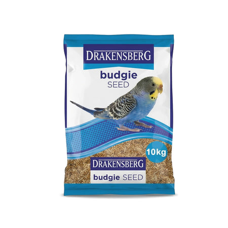 Drakensberg Budgie Seed, 10kg bag with blue and white design featuring a budgie illustration.