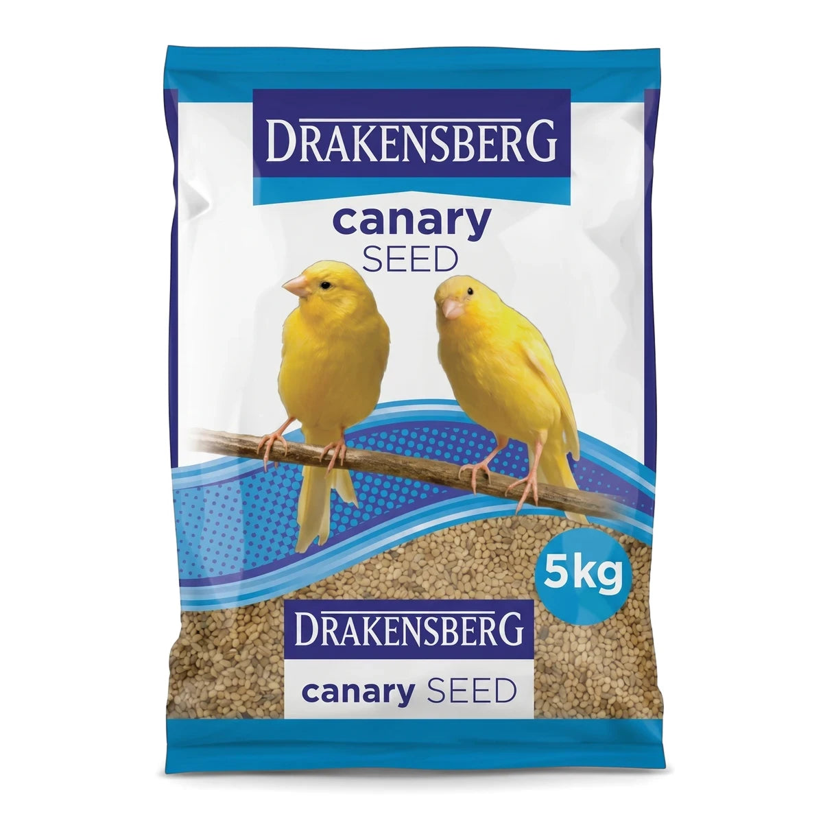 Drakensberg Canary Seed 5kg bag, featuring two yellow canaries on a branch illustration, against a white background.