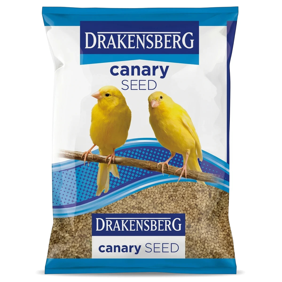 Drakensberg Canary Seed packaging featuring two vibrant yellow canaries perched on a branch, with a blue and white design.