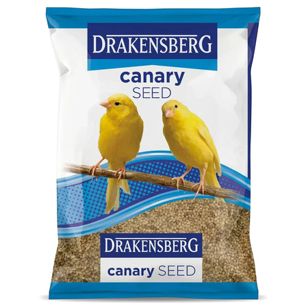 Drakensberg Canary Seed packaging featuring two vibrant yellow canaries perched on a branch, with a blue and white design.