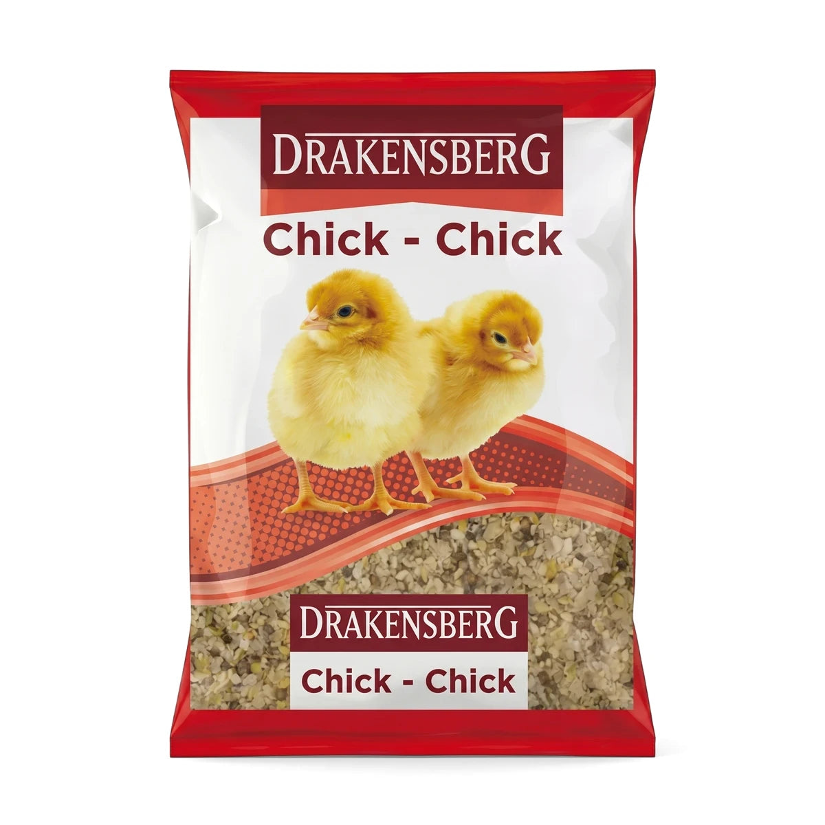 Drakensberg Chick Chick No1 poultry feed package featuring two yellow chicks on a red and white bag.