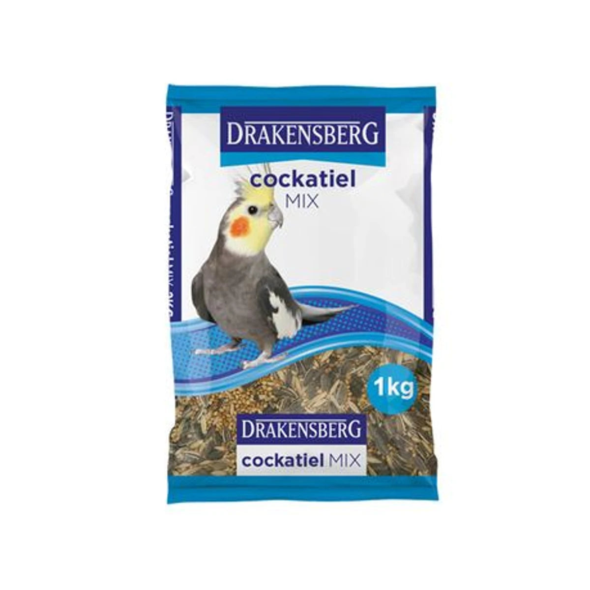 Drakensberg Cockatiel Mix 1kg bird food bag, featuring a grey and yellow cockatiel illustration, full view.
