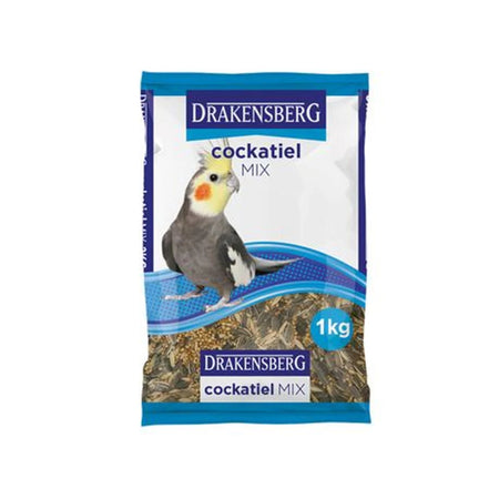 Drakensberg Cockatiel Mix 1kg bird food bag, featuring a grey and yellow cockatiel illustration, full view.