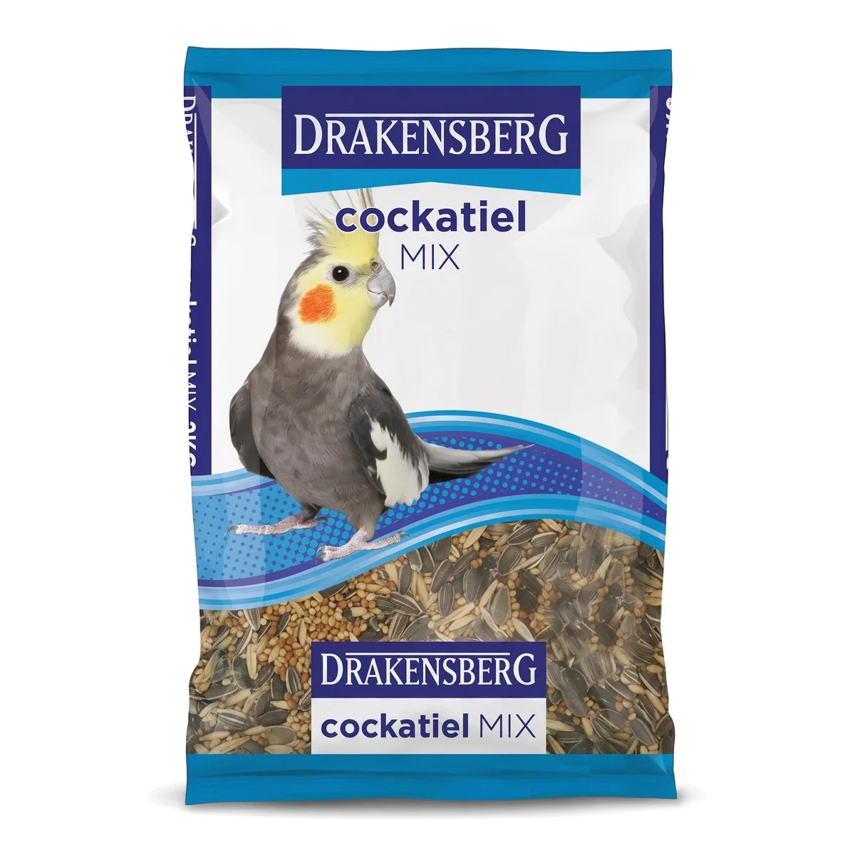 Drakensberg Cockatiel Seed mix in a blue and white bag featuring a grey cockatiel illustration, full of sunflower and millet
