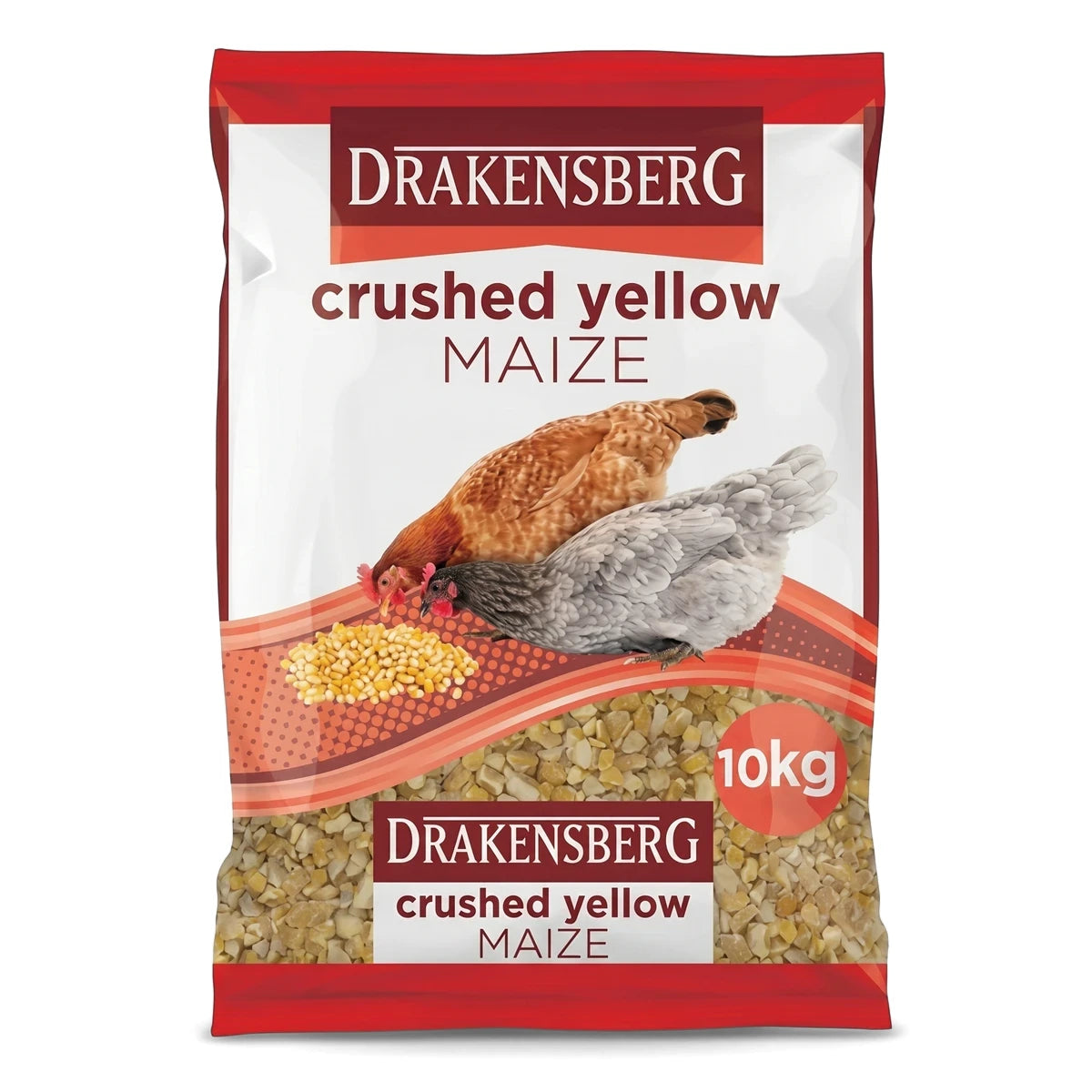 Drakensberg Crush Yellow Maize 10kg bag for poultry feed, featuring a red and white design with two chickens feeding from