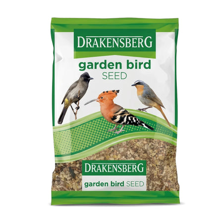 Drakensberg Garden Mix Seed in a green and white bag featuring illustrations of three garden birds, ideal for bird feeding.