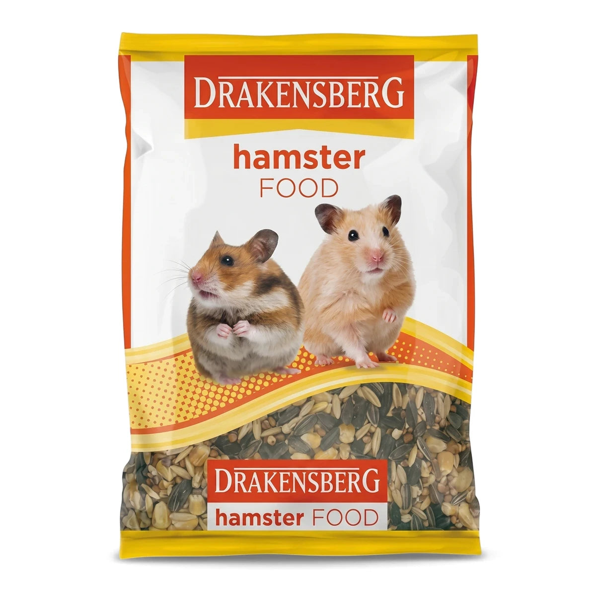 Drakensberg Hamster Food 1Kg bag featuring two hamsters illustration and visible mixed seeds.