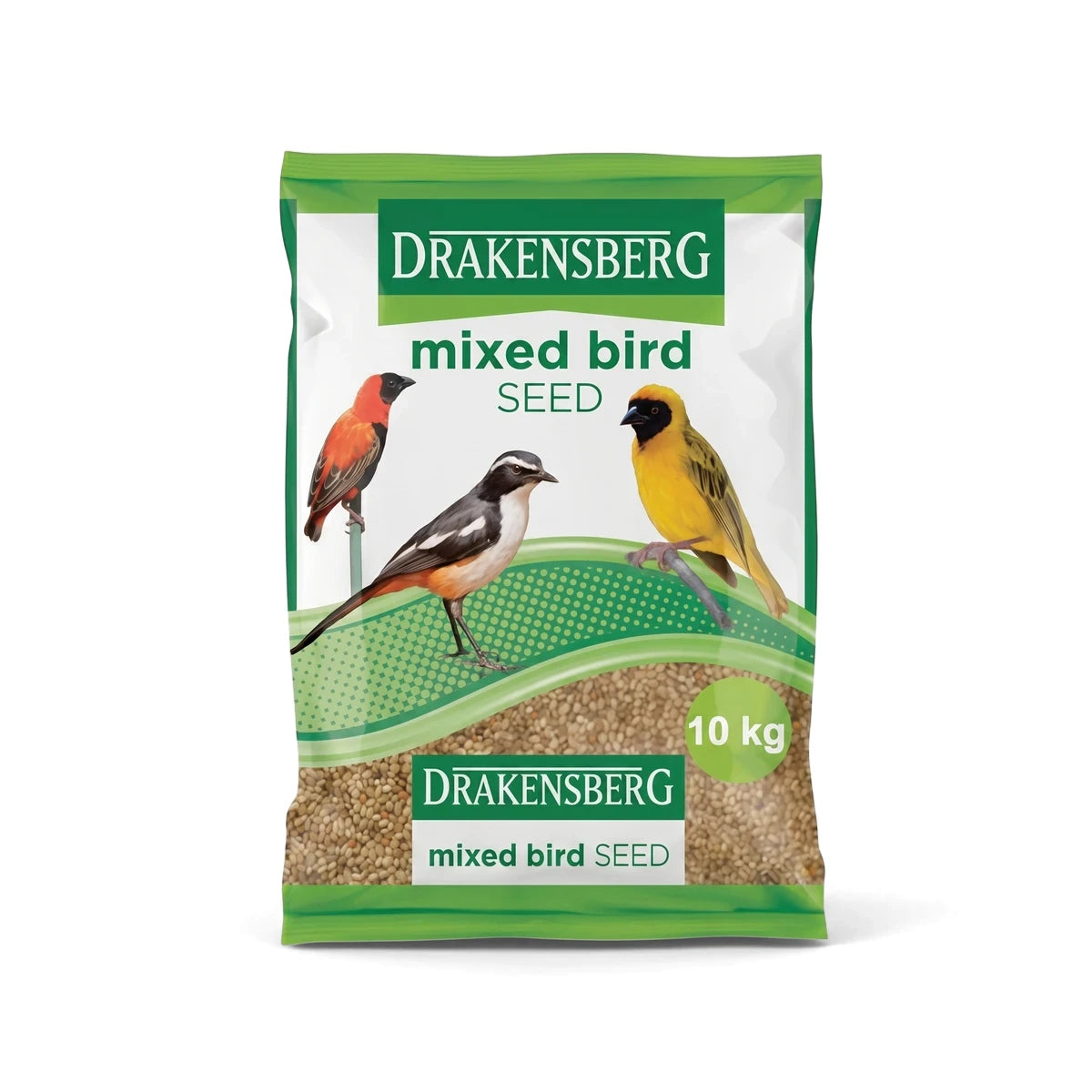 Drakensberg Mix Birdseed 10kg bag, with green and white packaging featuring red, black, and yellow bird illustrations.