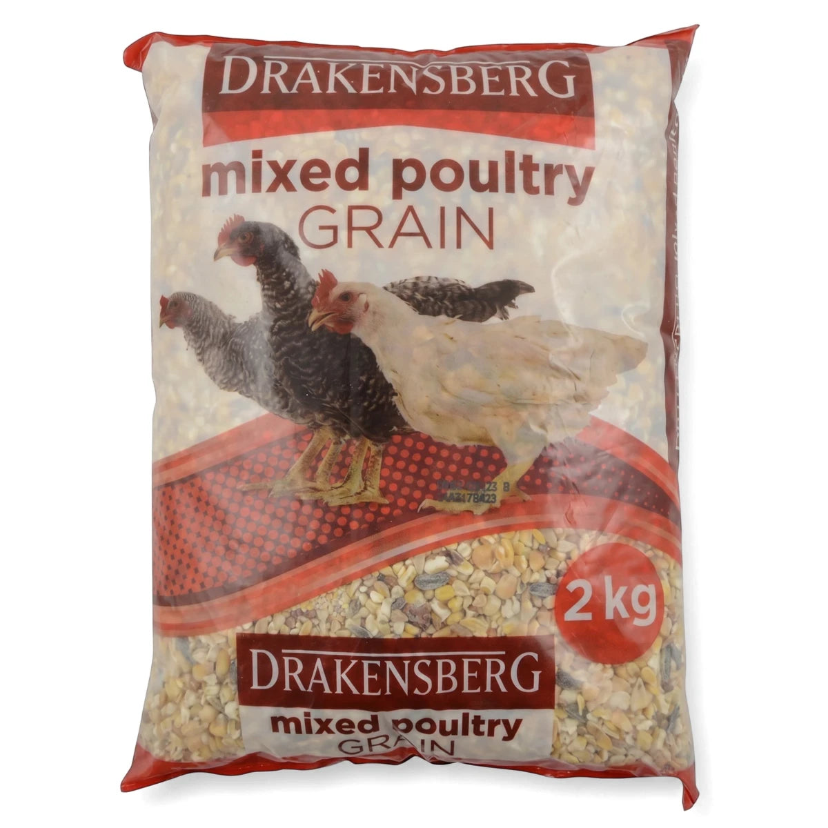 Drakensberg Mixed Poultry Grain in a 2kg plastic bag featuring an image of chickens. Ideal for poultry feed.