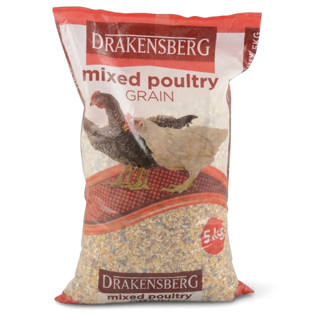 Drakensberg Mixed Poultry Grain 5kg bag with red and white packaging, featuring two chickens and visible mixed grain inside.