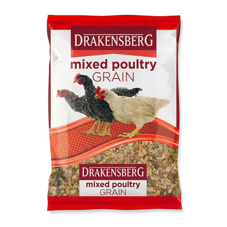 Drakensberg Mixed Poultry Grain in a white, red, and black plastic bag featuring a chicken illustration.