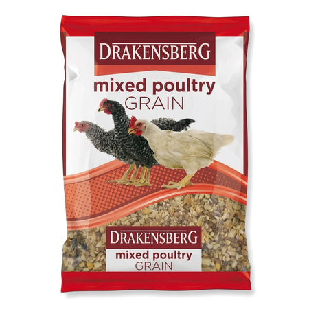 Drakensberg Mixed Poultry Grain in a red and white bag, featuring three chickens and visible grain content.