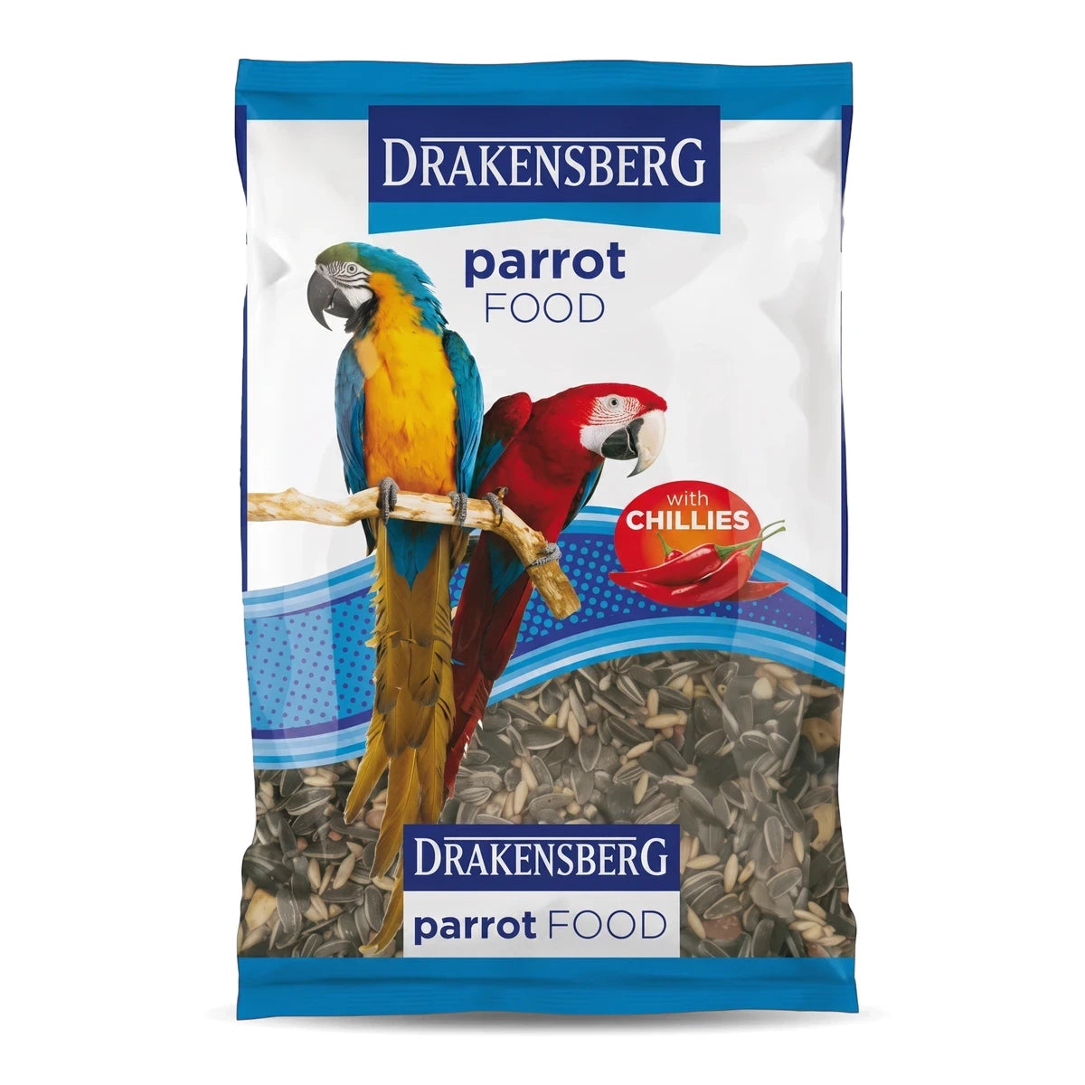 Drakensberg Parrot Food bag with blue and yellow, and red macaws, sunflower seeds, and 'with Chillies' label.