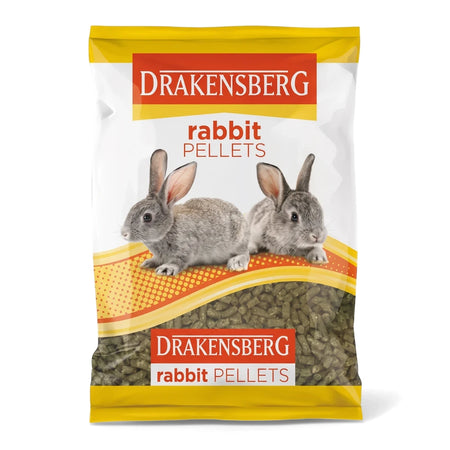 Drakensberg Rabbit Food bag in yellow and white, featuring two small rabbits and visible rabbit pellets.