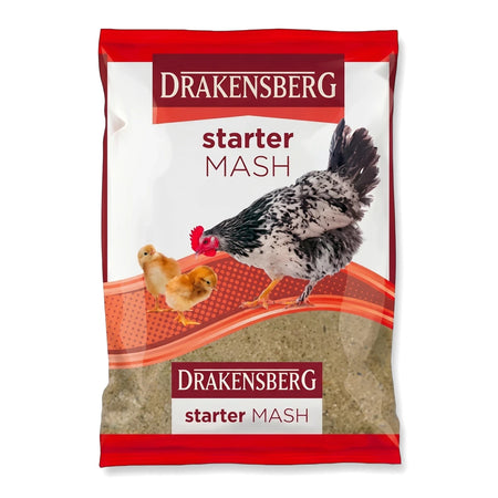 Drakensberg Starter Mash 5kg chicken feed in a red and white bag featuring a hen and chicks graphic.