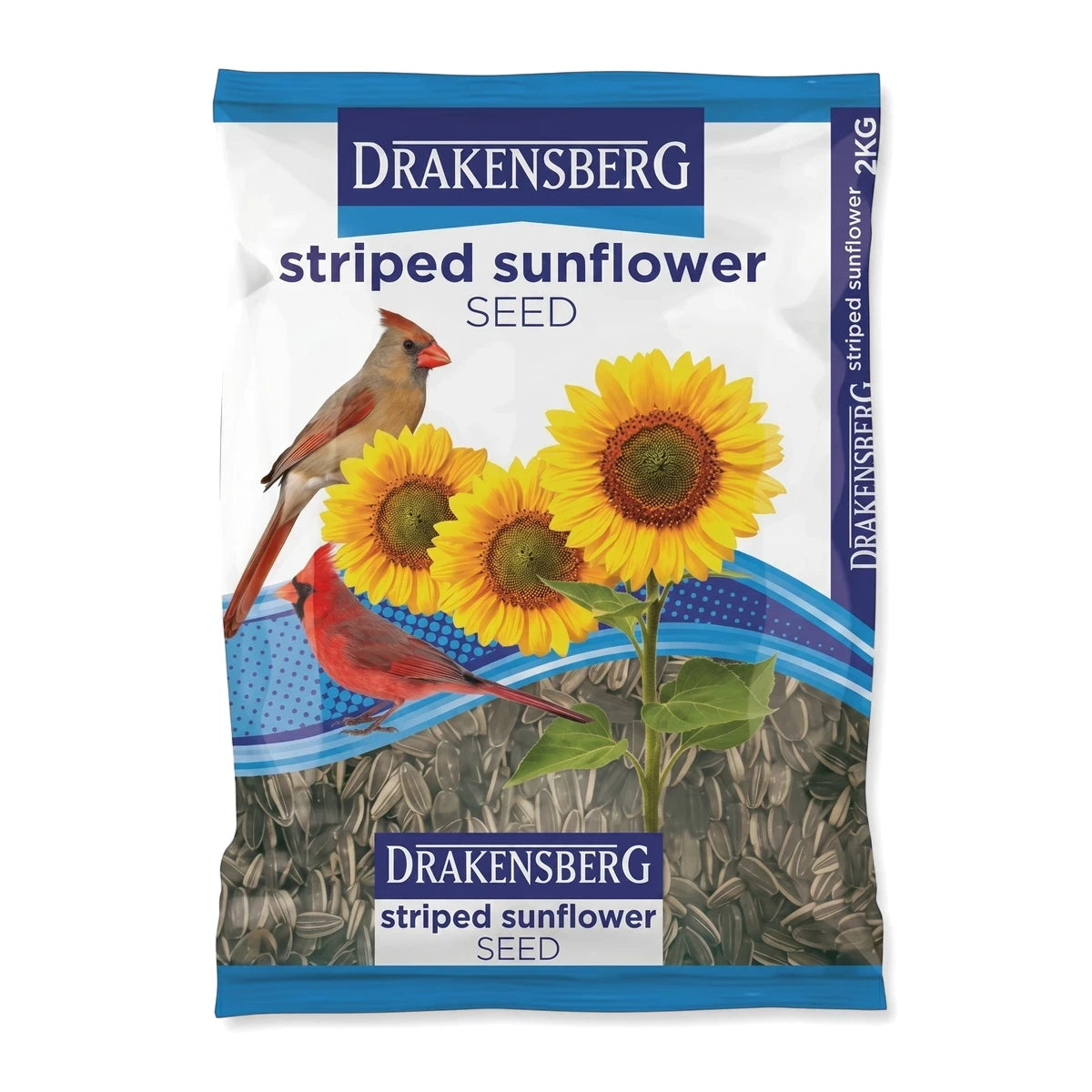 Drakensberg striped sunflower seed 2KG bag with an image of two cardinals and three sunflowers on the label.