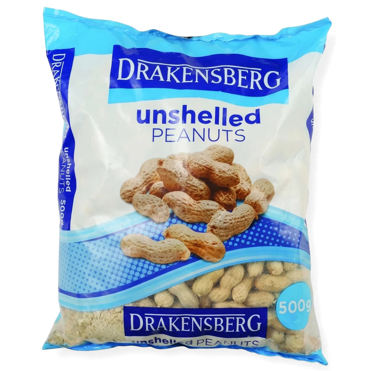 Drakensberg unshelled peanuts in a 500g white and blue branded plastic bag, presented upright.
