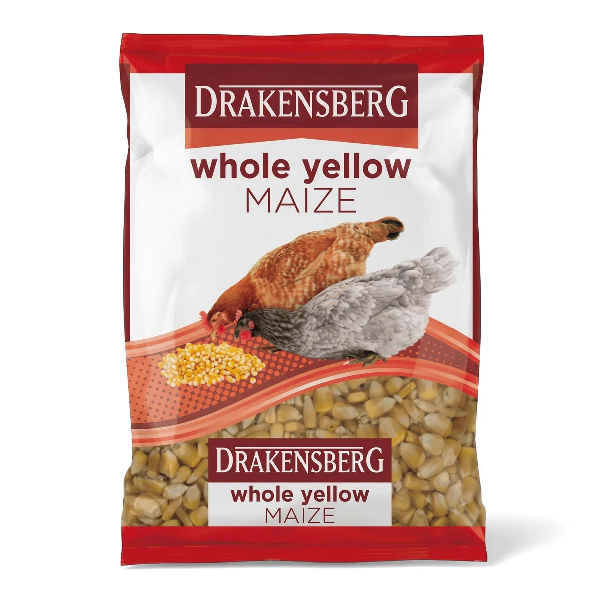 Drakensberg Whole Yellow Maize in a red and white package, featuring two chickens and corn kernels, on a white background.