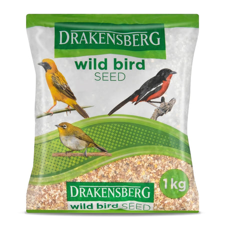 Drakensberg Wild Bird Seed, 1kg bag, featuring illustrations of three different wild birds and visible seed contents.