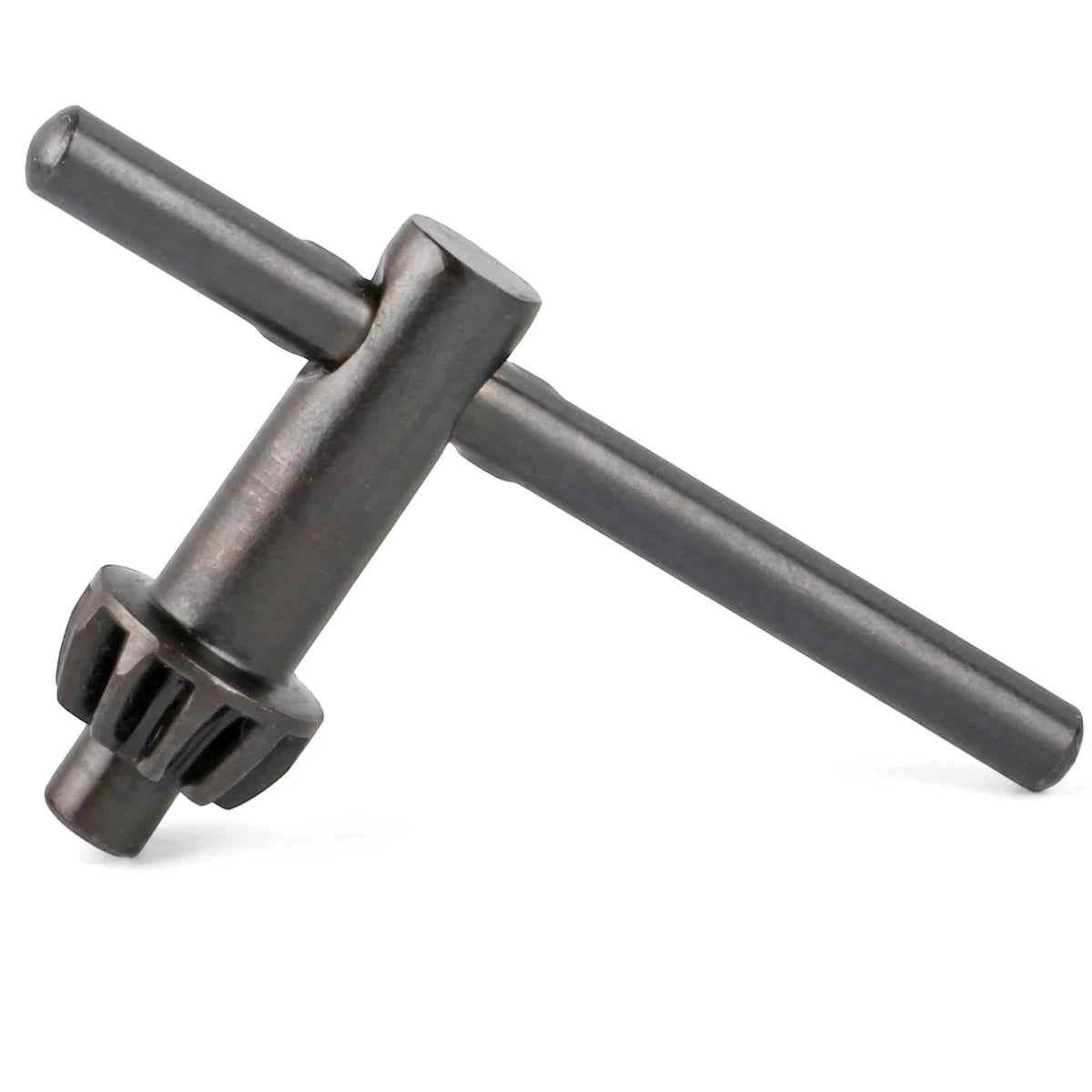 Drill Chuck Key - 13mm black steel T-handle chuck key with geared tip for tightening and loosening drill chucks.