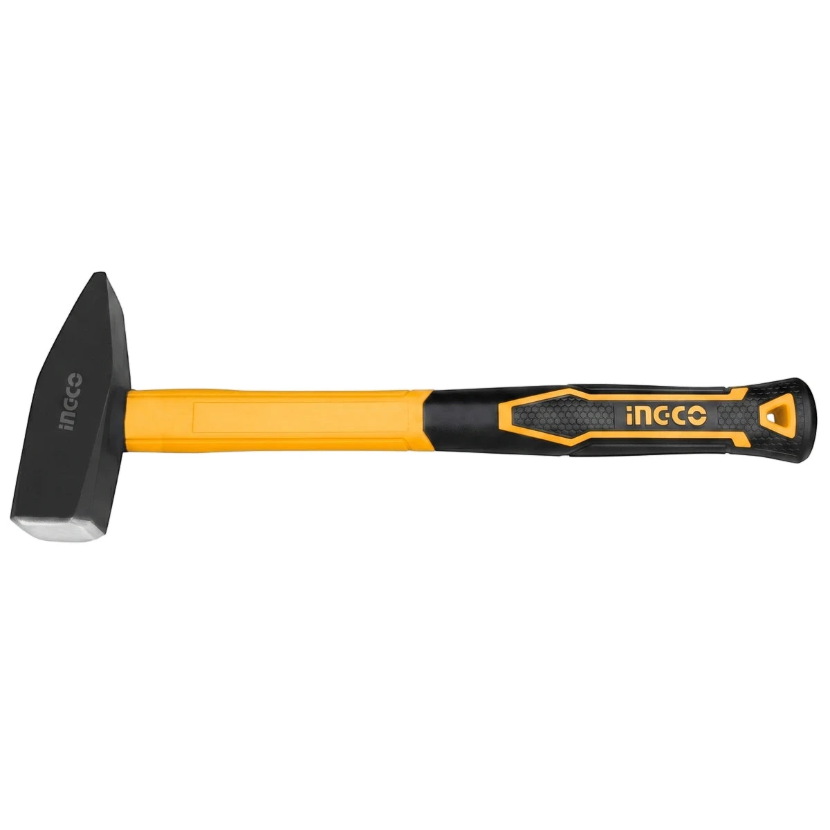 Drop-forged carbon steel machinist hammer with a black head and a yellow and black fibreglass handle.