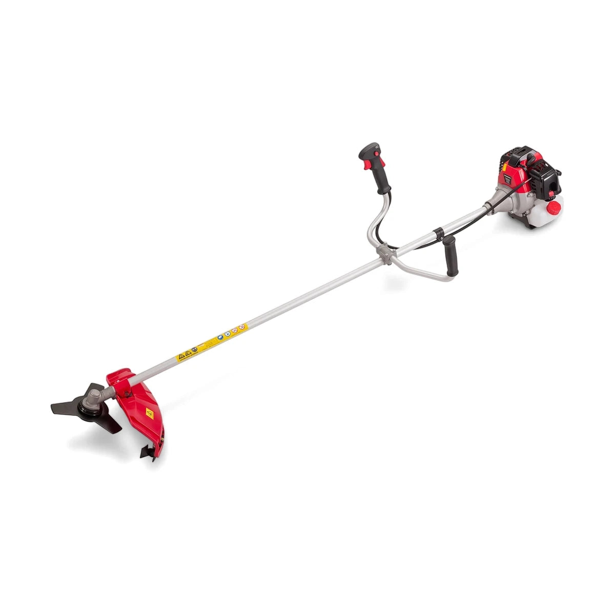 Red and black dual-function petrol brush cutter with a yellow shaft, shown from an angled view.