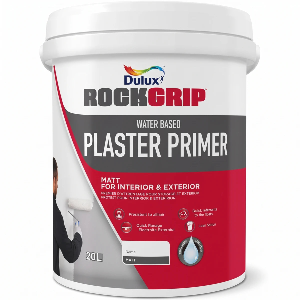 A white Dulux Rockgrip Water Based Plaster Primer 20L bucket with a prominent red label, suitable for interior and exterior