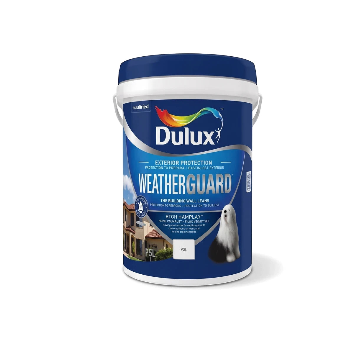 Dulux Weatherguard Fine Textured exterior protection paint in a blue and white 15L bucket, featuring a house and dog on the
