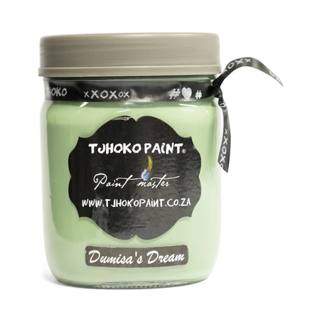 Dumisa's Dream 500ml chalk paint in a light green shade, packaged in a jar with a gray lid and a black branded ribbon.