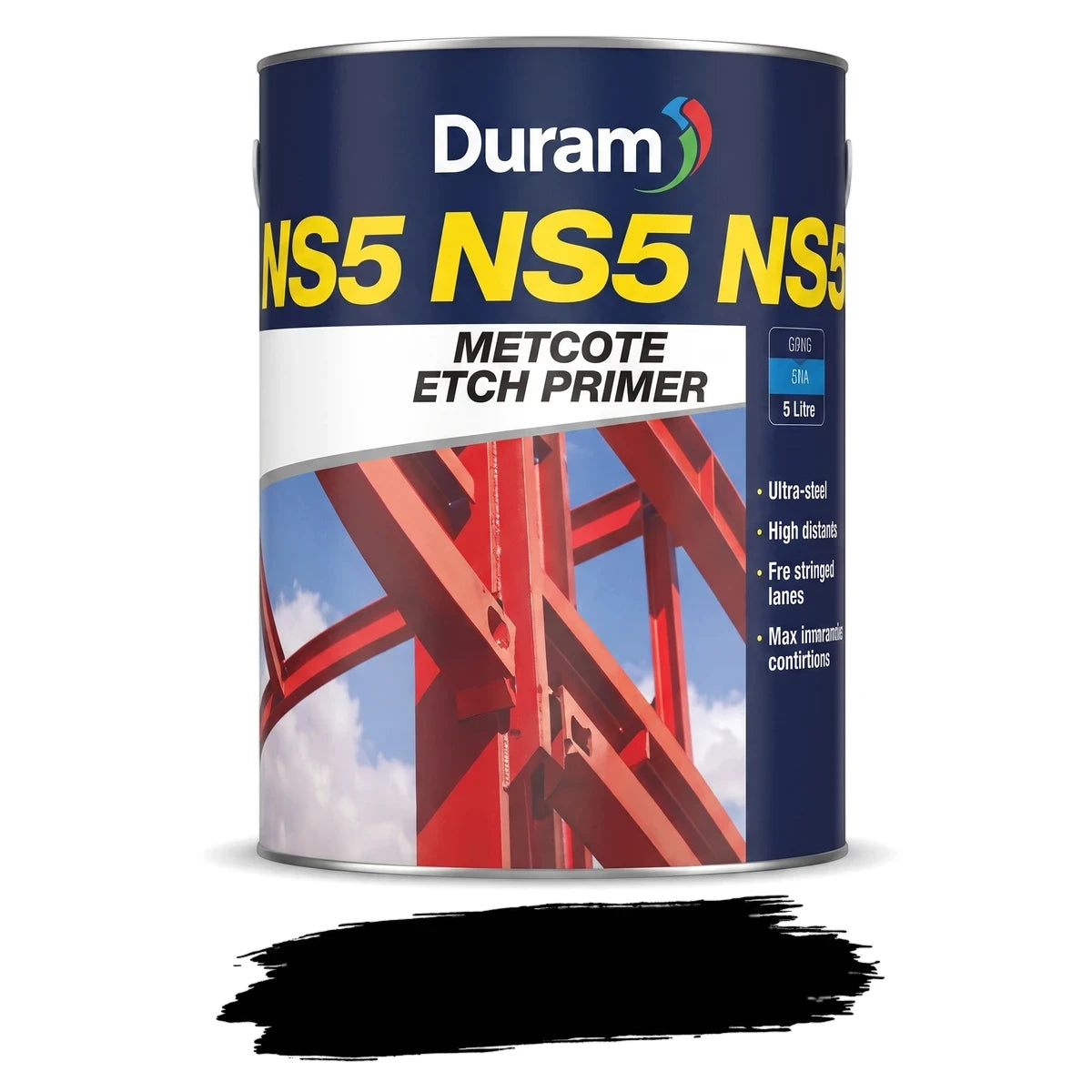 Duram NS5 Metcote Black 5 Litre Primer & Undercoat can, white and blue with a red graphic, alongside a black paint swatch.