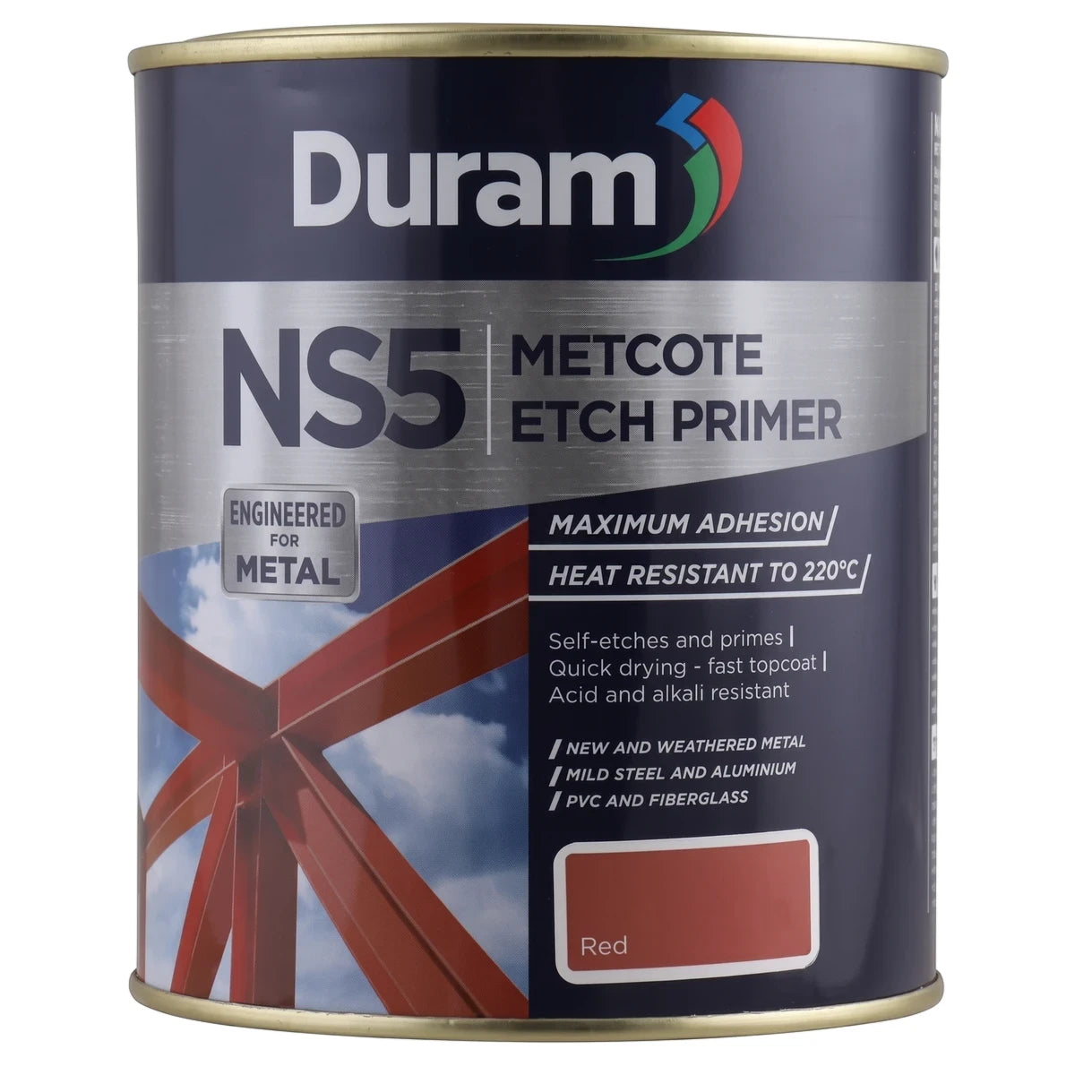Duram NS5 Metcote Red 1 Litre Etch Primer and Undercoat can, engineered for metal, shown upright.