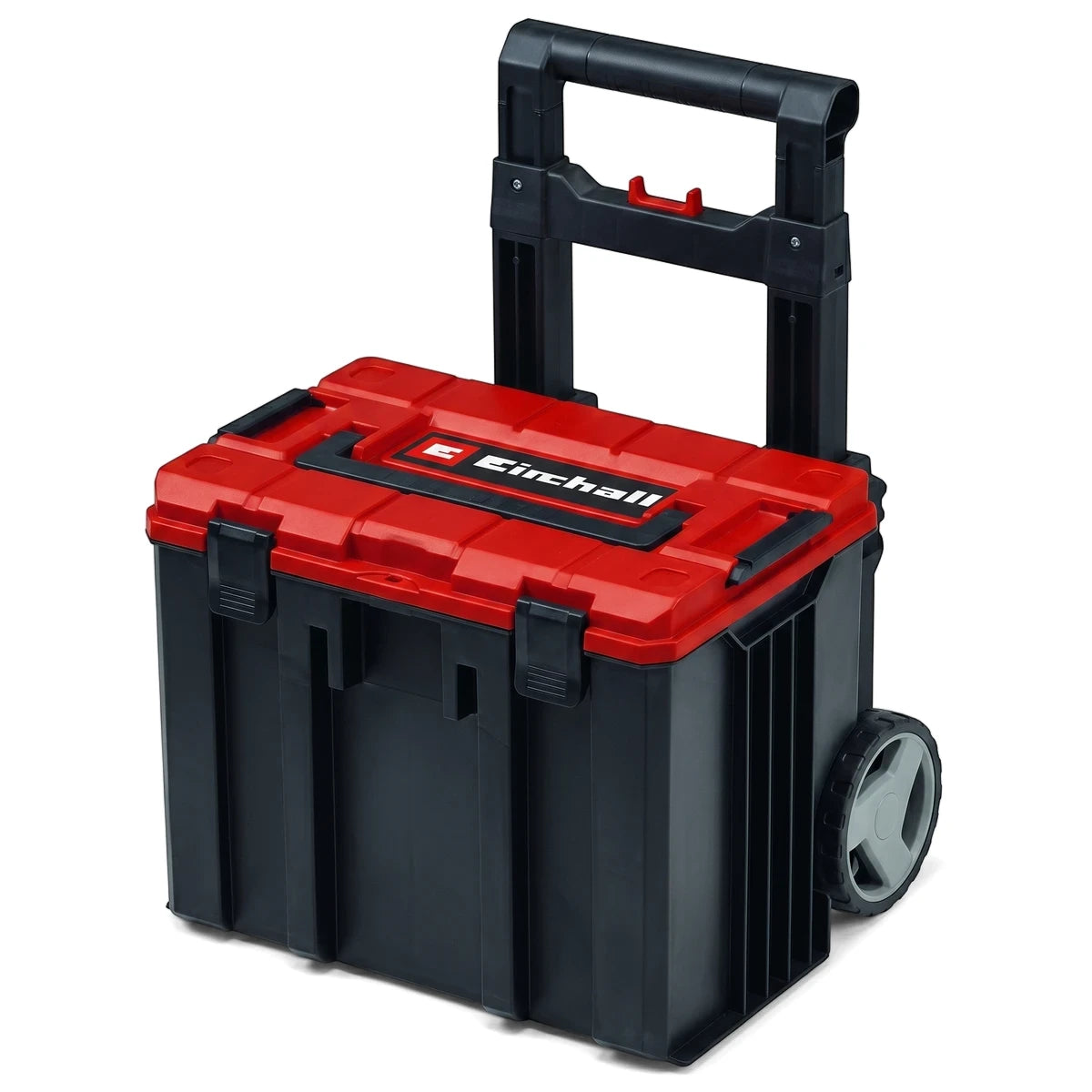Black and red E-Case L System Carrying Case with Wheels, a durable and portable storage solution for tools.