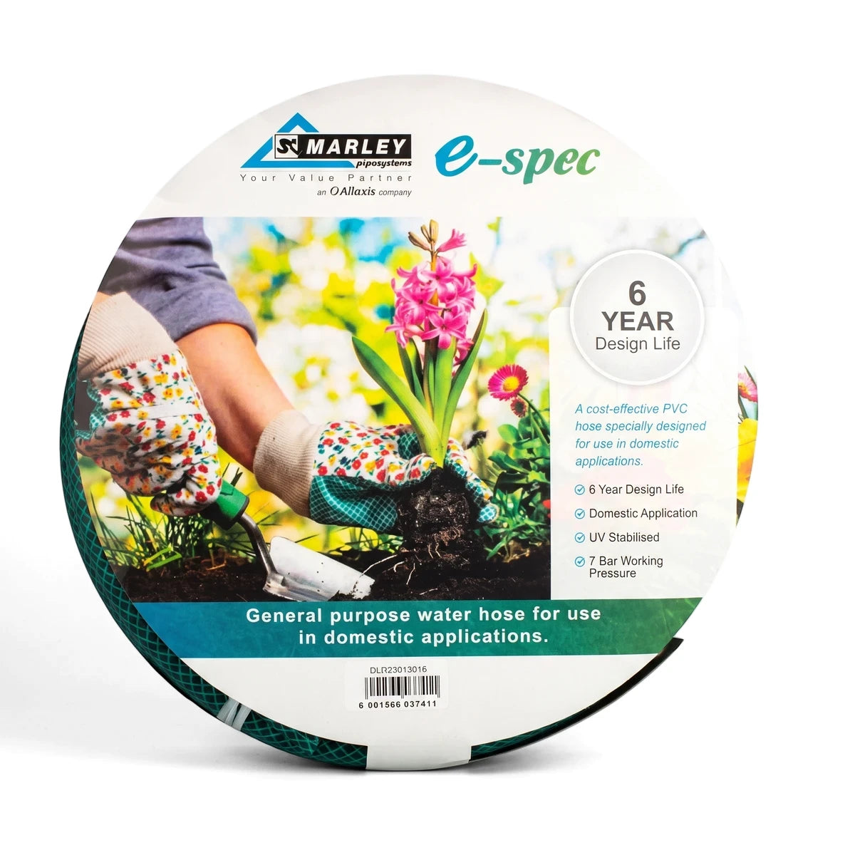 Green coiled E-Spec Garden Hose (No Fittings) 12mm x 15m with a product label showing hands planting a pink flower.