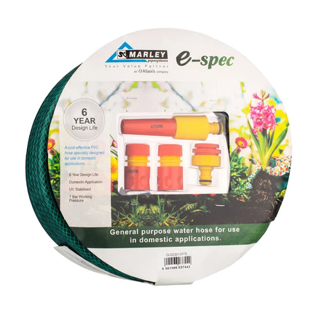 E-Spec Garden Hose With Fittings, 20mm x 30m, green, coiled and packaged with red and yellow connectors.