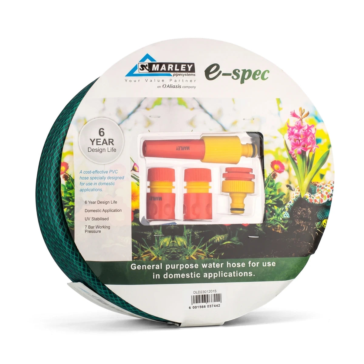 E-Spec green coiled garden hose with red and yellow fittings in clear packaging, 12mm x 15m for domestic use.