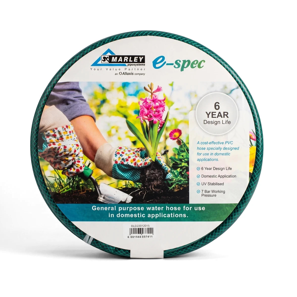 Coiled green E-Spec garden hose with a label featuring hands planting a pink hyacinth. Designed for domestic applications.