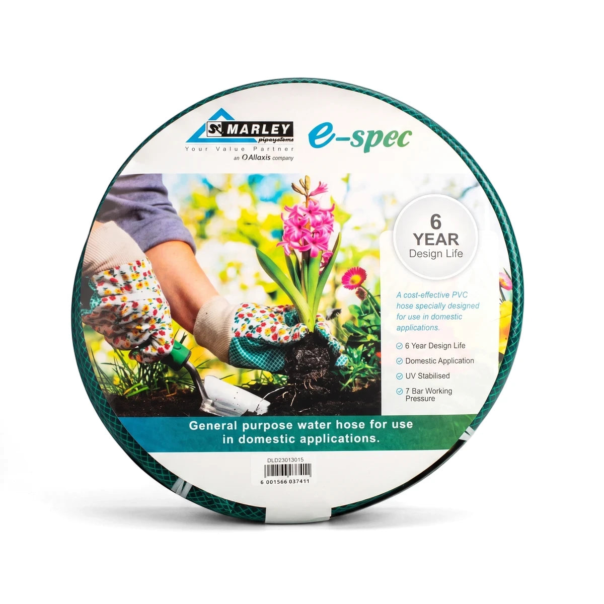 Green E-Spec garden hose, 20mm x 30m, coiled with a circular label featuring a gardening scene and product specifications.