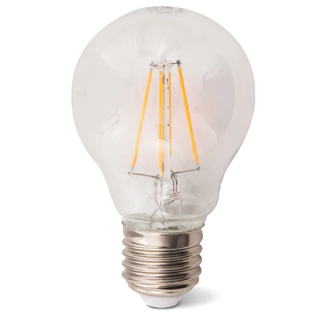 E27 Filament LED Bulb A60, 4W 2700K warm white, with clear glass and metallic screw base, photographed vertically.