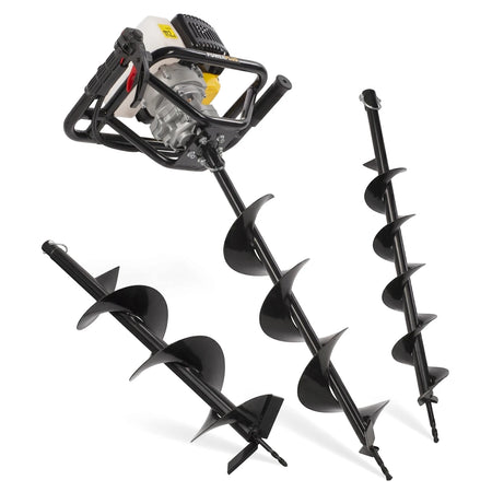 Earth Auger Kit with 100mm, 150mm, and 200mm extension bits, featuring a powerful gas engine and durable black spiral augers.