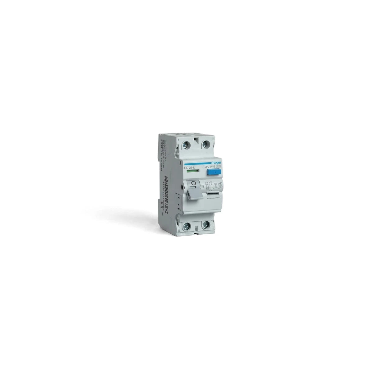 White and grey Earth Leakage 63A Din Rail 2P 1+N electrical circuit breaker with a blue switch, shown in a front-angled view.