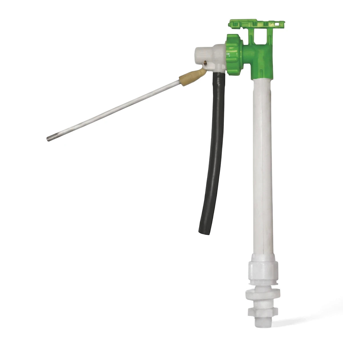 Easi Clean Bottom Inlet Straight Float Valve in white, green, and black plastic, shown upright on a white background.