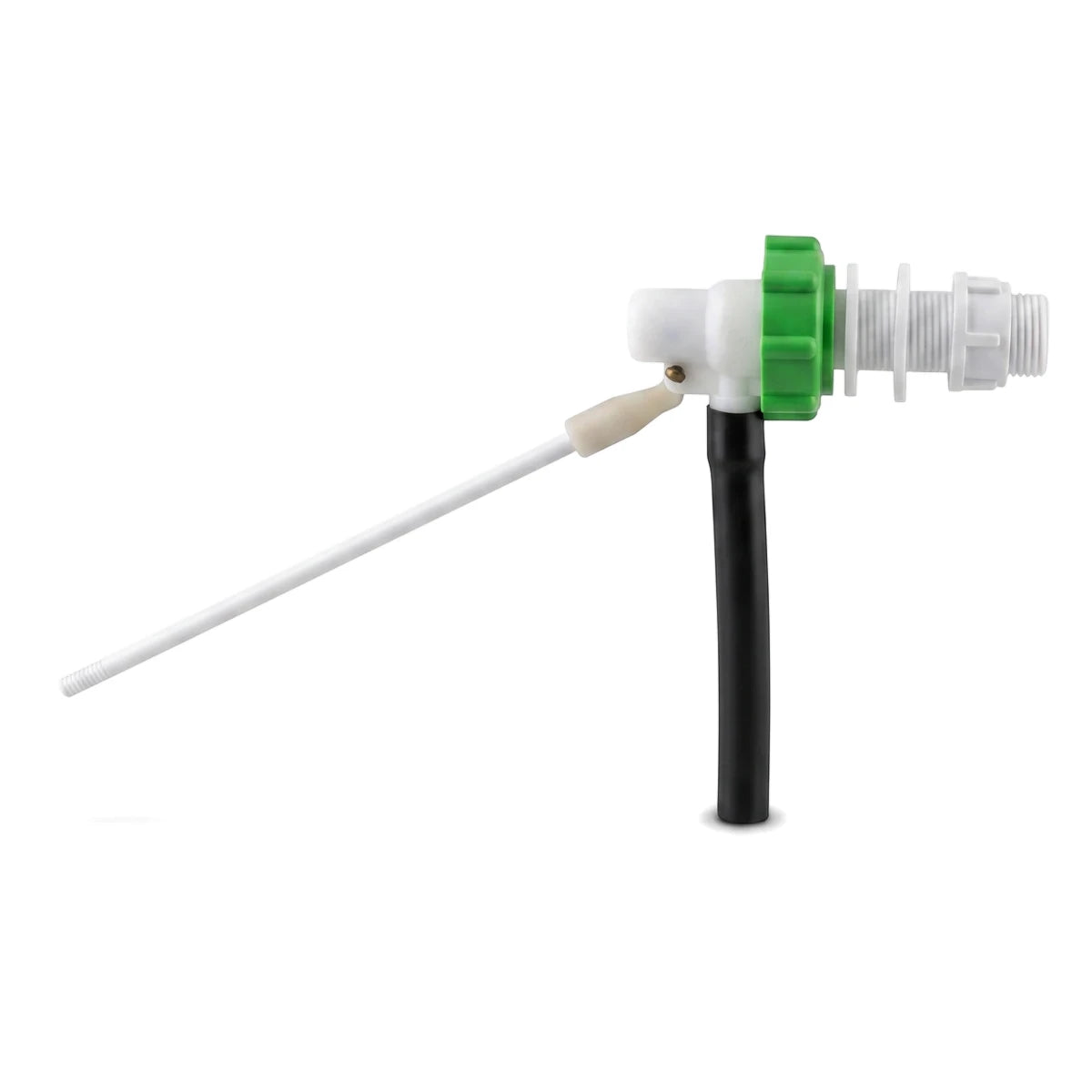 White and green Easi Clean side inlet valve assembly, 145mm, featuring a float arm and black tube.