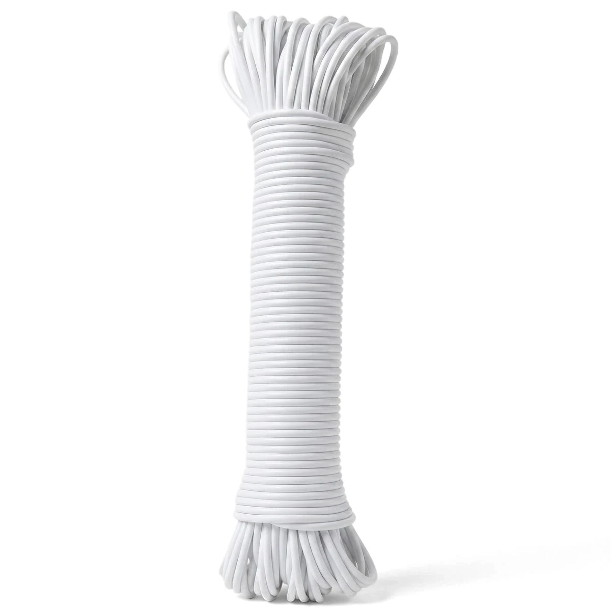 White coiled Easy Tie Steel Clothes Line Washing Line, made from durable rope, displayed vertically on a white background.