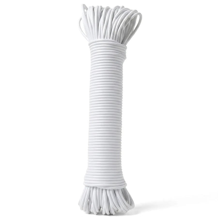 White coiled Easy Tie Steel Clothes Line Washing Line, made from durable rope, displayed vertically on a white background.