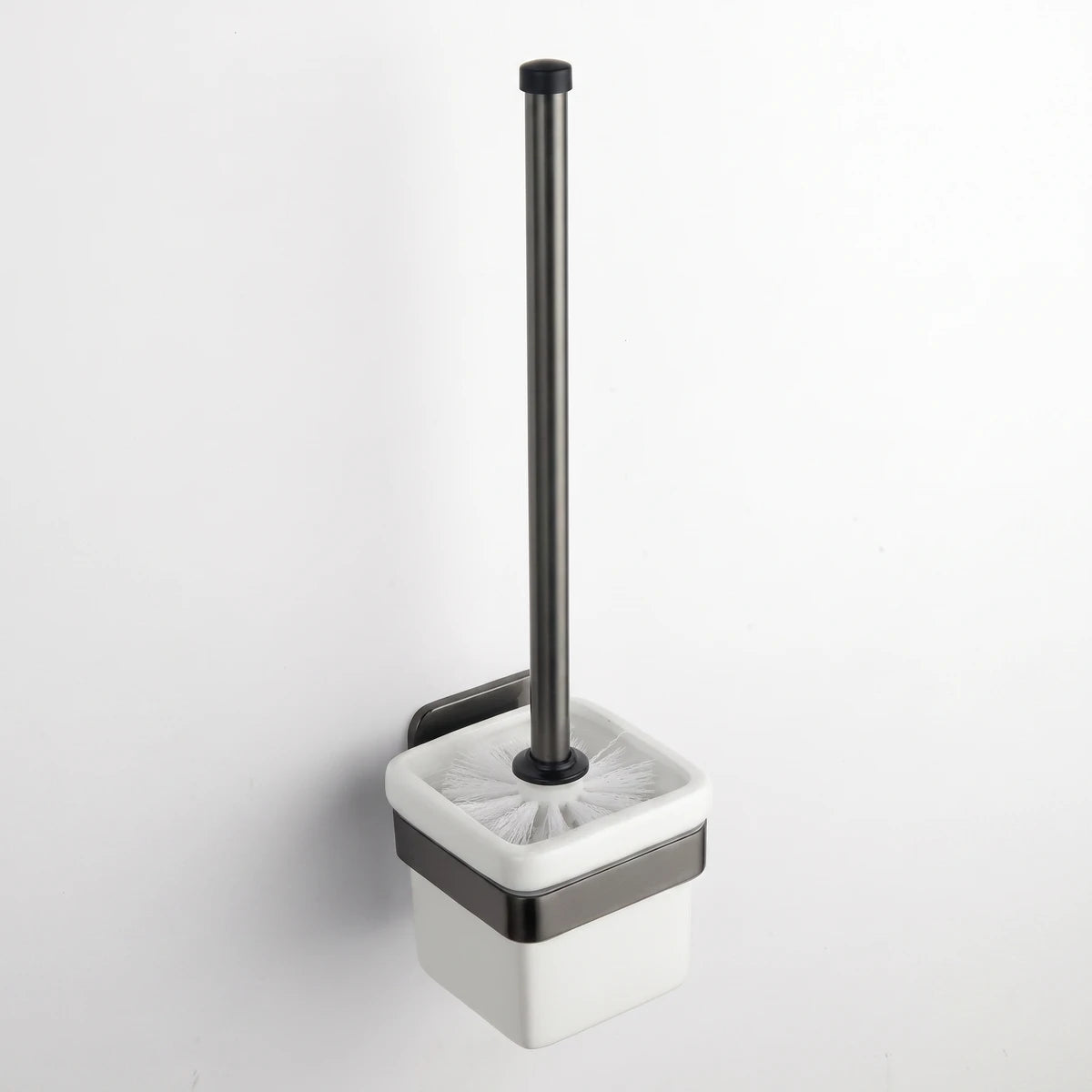 Eclipse Gunmetal Toilet Brush Holder, wall-mounted, featuring a white ceramic holder and sleek gunmetal finish.